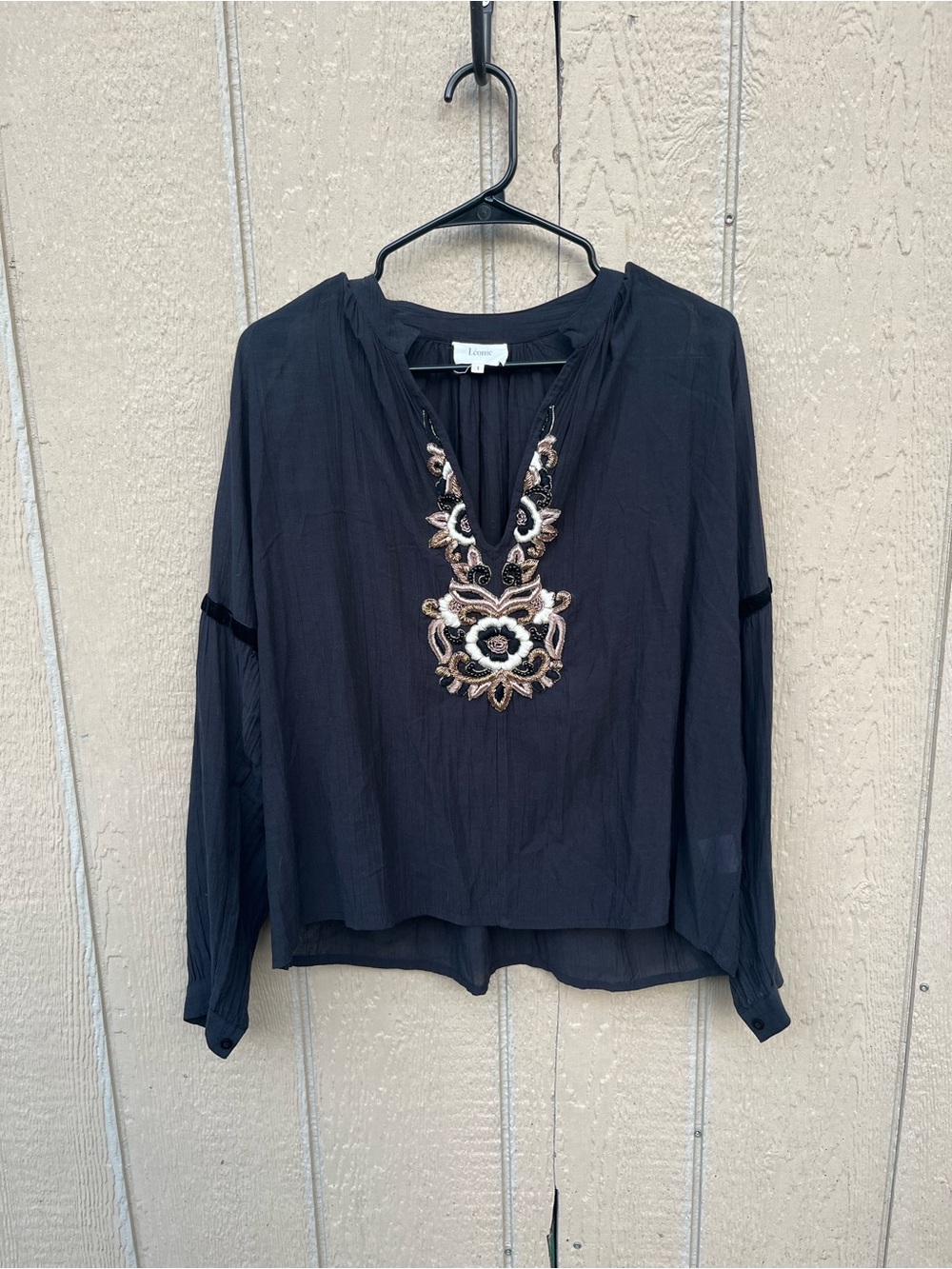 Leonie Black Embroidered V-Neck Long Sleeve Blouse Small